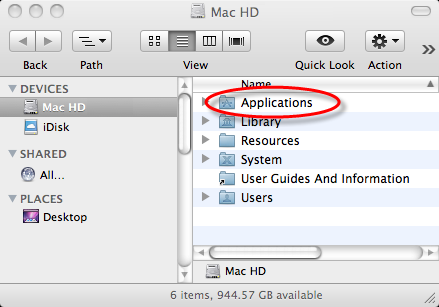 Mac hard drive finder window with applications circled